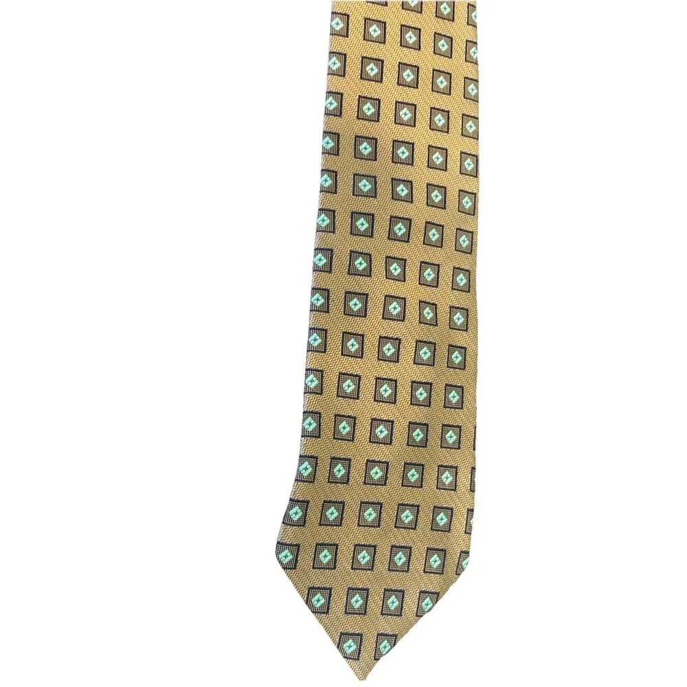 Vintage JHANE‎ BARNES Silk Tie Gold Navy Aqua Geometric Fractal 90s Designer